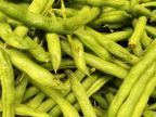 Pile of green beans inside a basket.